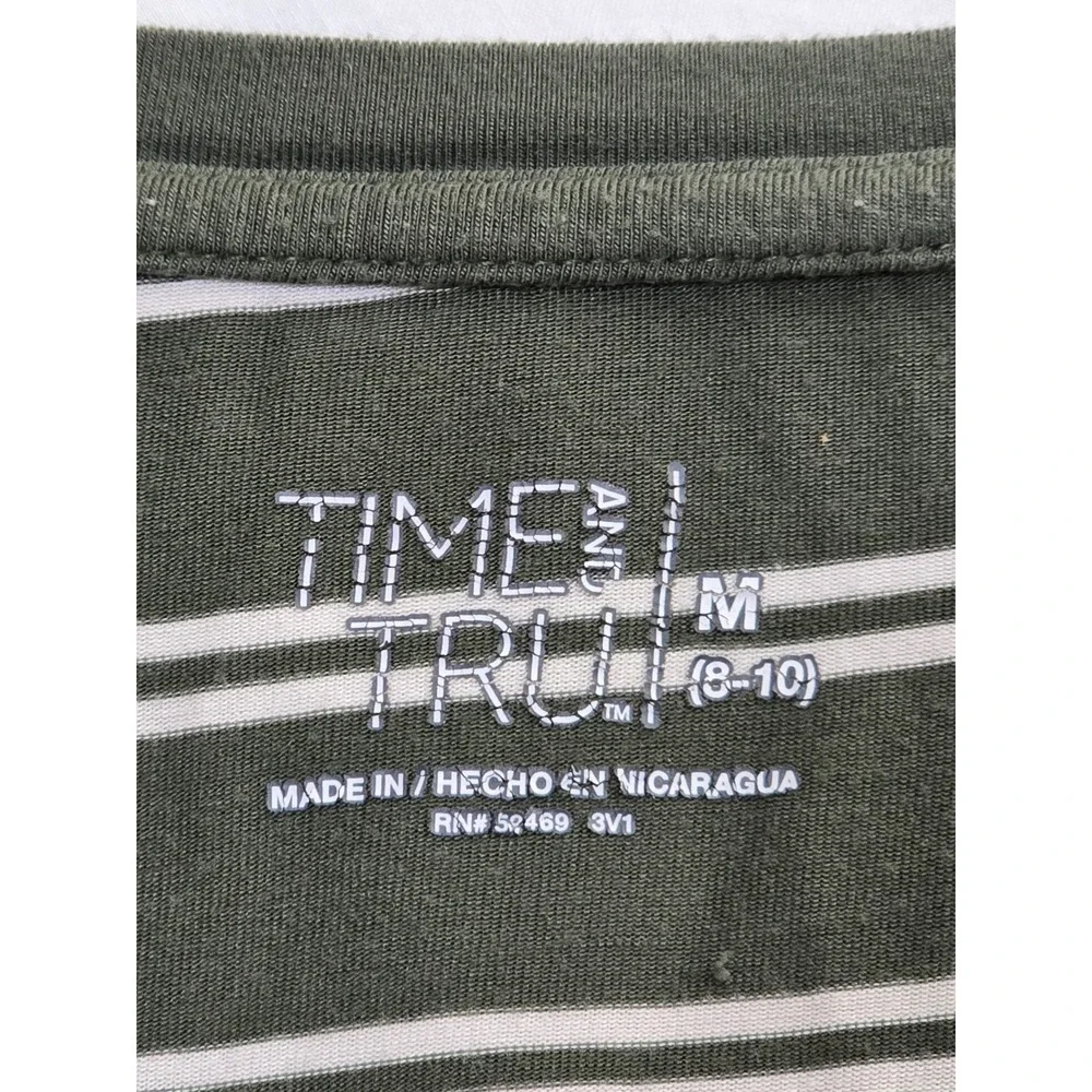 Time and Tru Olive Green‎ White Stripe V Neck Tunic Shirt Top Size 8 10 /0364